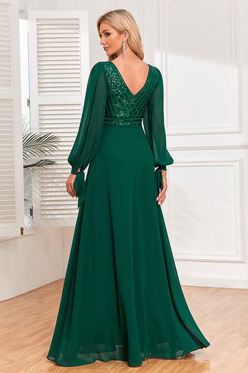 Dark Green A-Line V Neck Long Ball Dress With Sequins